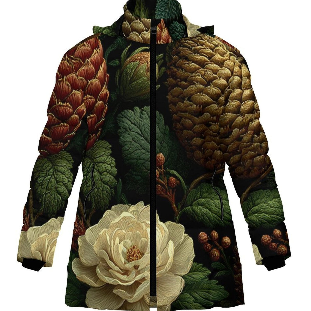 A hooded jacket featuring a detailed botanical print with large cream flowers, green leaves, and brown pinecones, shown against a plain white background.