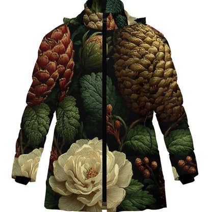 A hooded jacket featuring a detailed botanical print with large cream flowers, green leaves, and brown pinecones, shown against a plain white background.