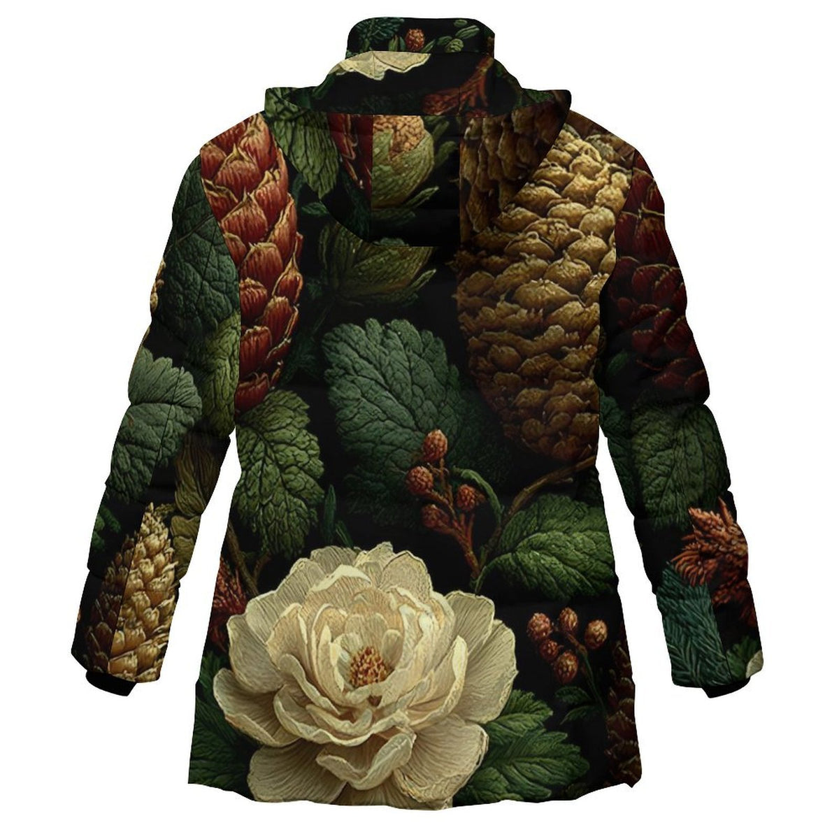 A hooded jacket featuring a detailed botanical print with green leaves, pinecones, and a large cream-colored flower on the front, shown against a plain white background.