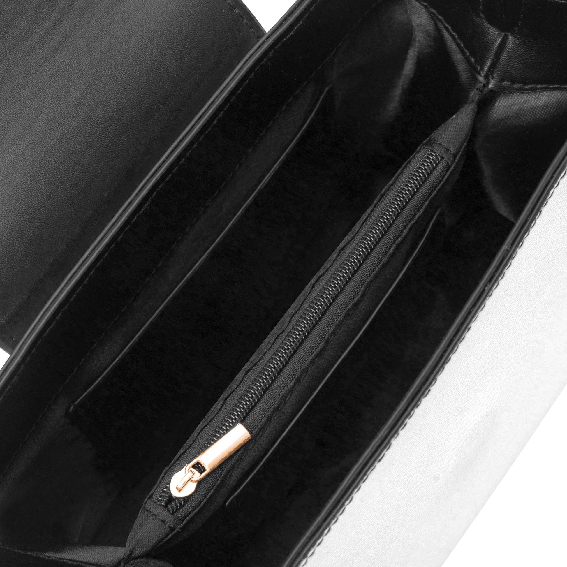 Close-up of a black bag with a gold zipper on a white background