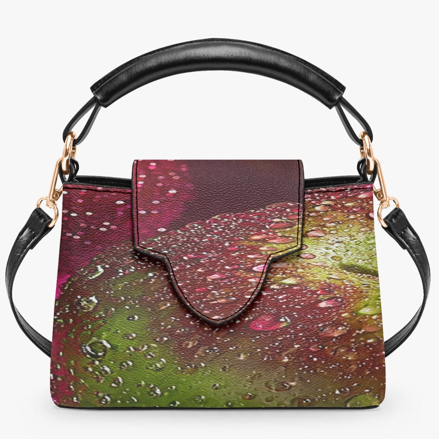 A structured handbag with a black leather top handle and shoulder strap, featuring a front flap with a dark red-brown gradient and a green lower section covered in a realistic water droplet print.