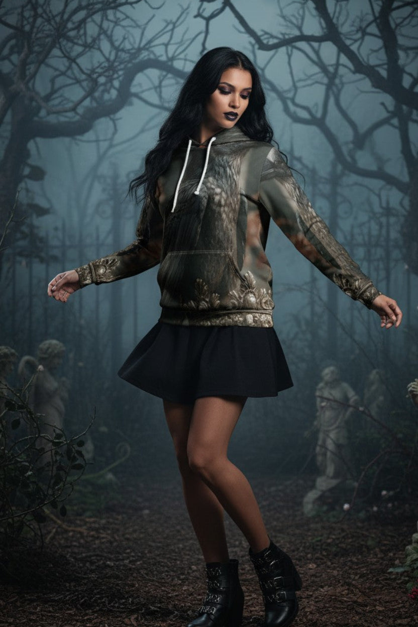 A woman stands in a foggy, spooky forest with bare trees and stone statues, wearing a distressed camouflage-patterned hoodie, a black pleated mini skirt, and black lace-up boots.