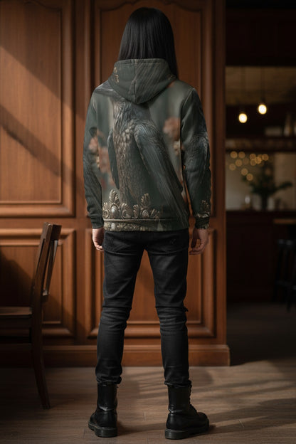 A person standing with their back to the camera in a dimly lit indoor setting, wearing a dark hooded jacket with a large raven graphic printed across the back, black pants, and black boots.
