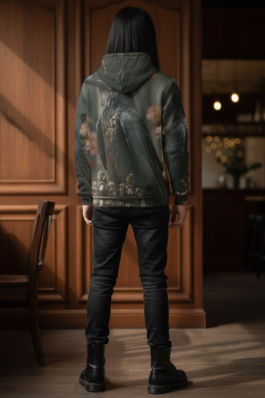 A person standing with their back to the camera in a dimly lit indoor setting, wearing a dark hooded jacket with a large raven graphic printed across the back, black pants, and black boots.