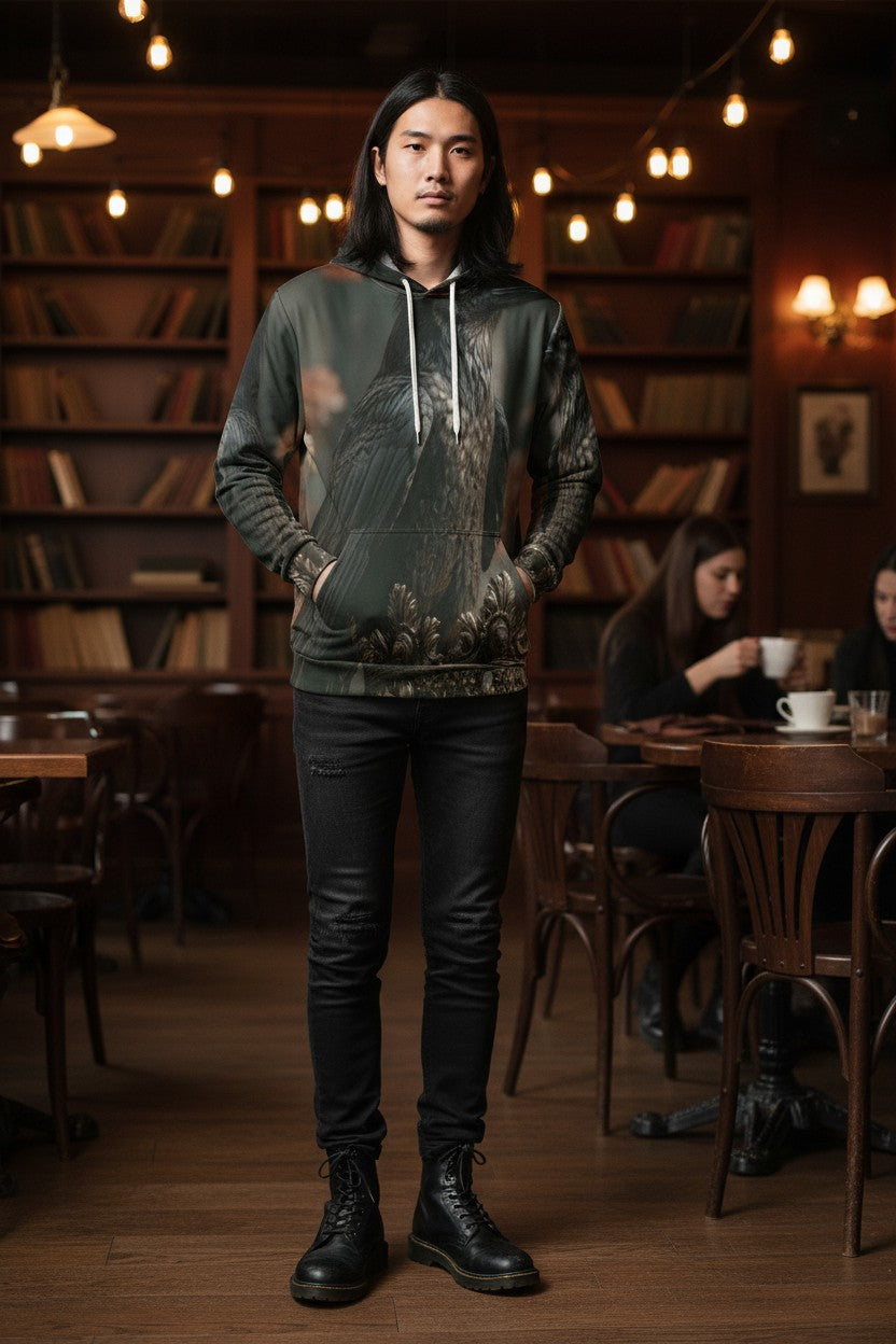 A man wearing a dark camouflage hoodie with a detailed bird graphic on the front, paired with black pants and boots, standing in a cozy, dimly lit bookshop or cafe.