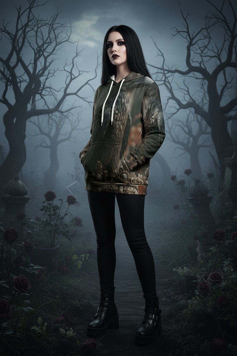 A woman stands in a foggy, gothic forest wearing a brown and olive green camouflage-patterned hoodie with white drawstrings, black skinny pants, and black combat boots.