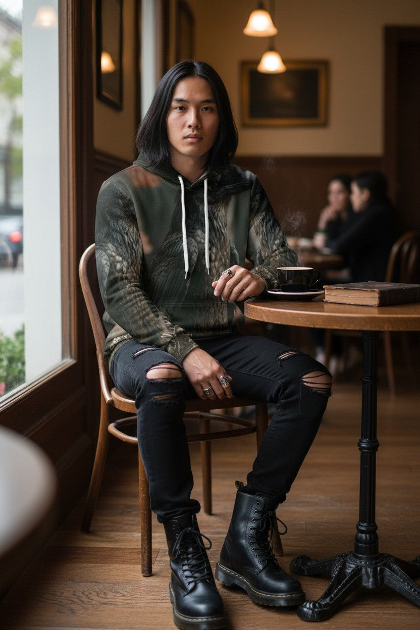 A person with long dark hair sits in a wooden chair at a small cafe table, wearing a dark camouflage hoodie, ripped black jeans, and black lace-up boots. A coffee cup sits on the table next to them.