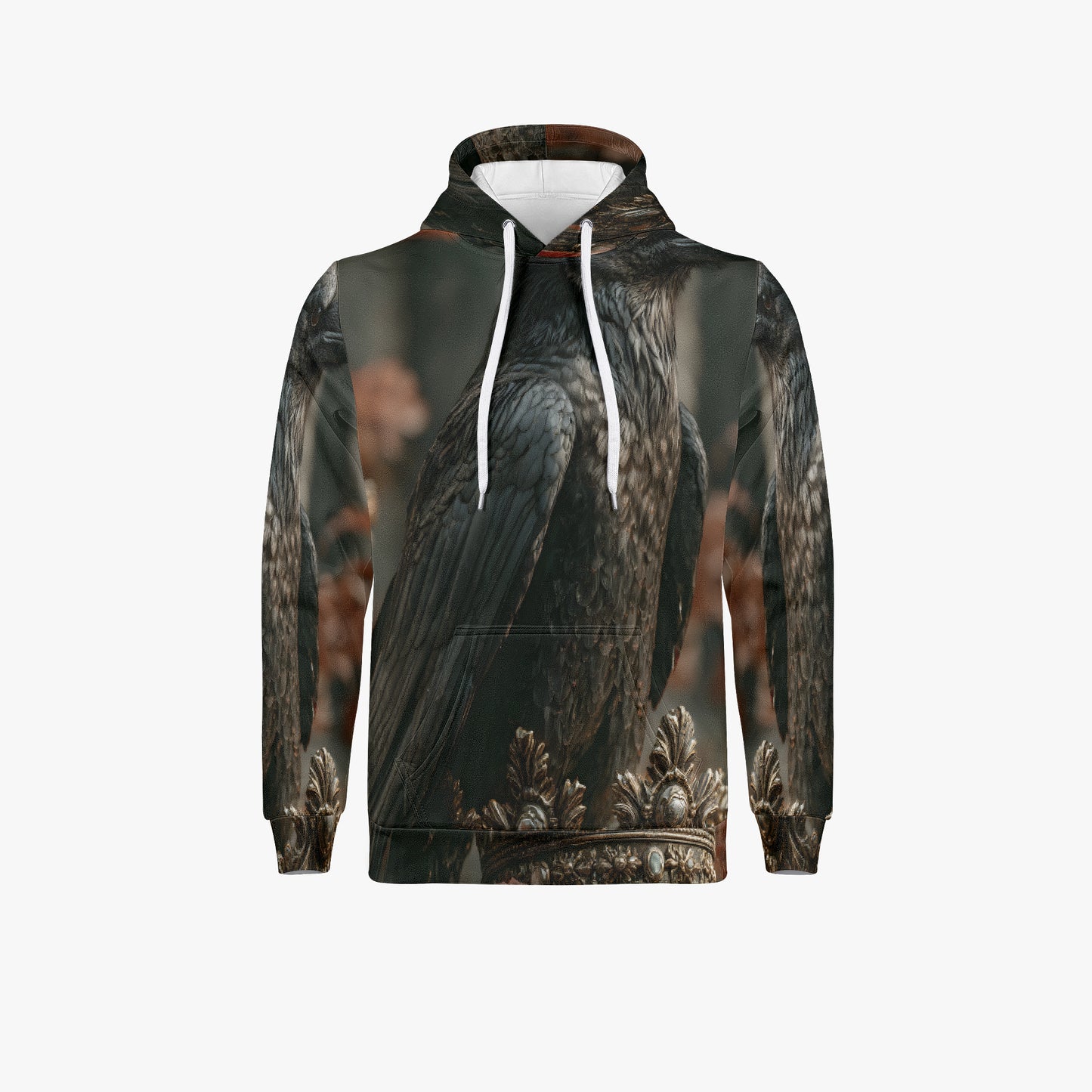 A pullover hoodie featuring an all-over photographic print of a dark raven perched on a stone architectural detail, with white drawstrings and a white inner hood lining, shown against a light gray background.