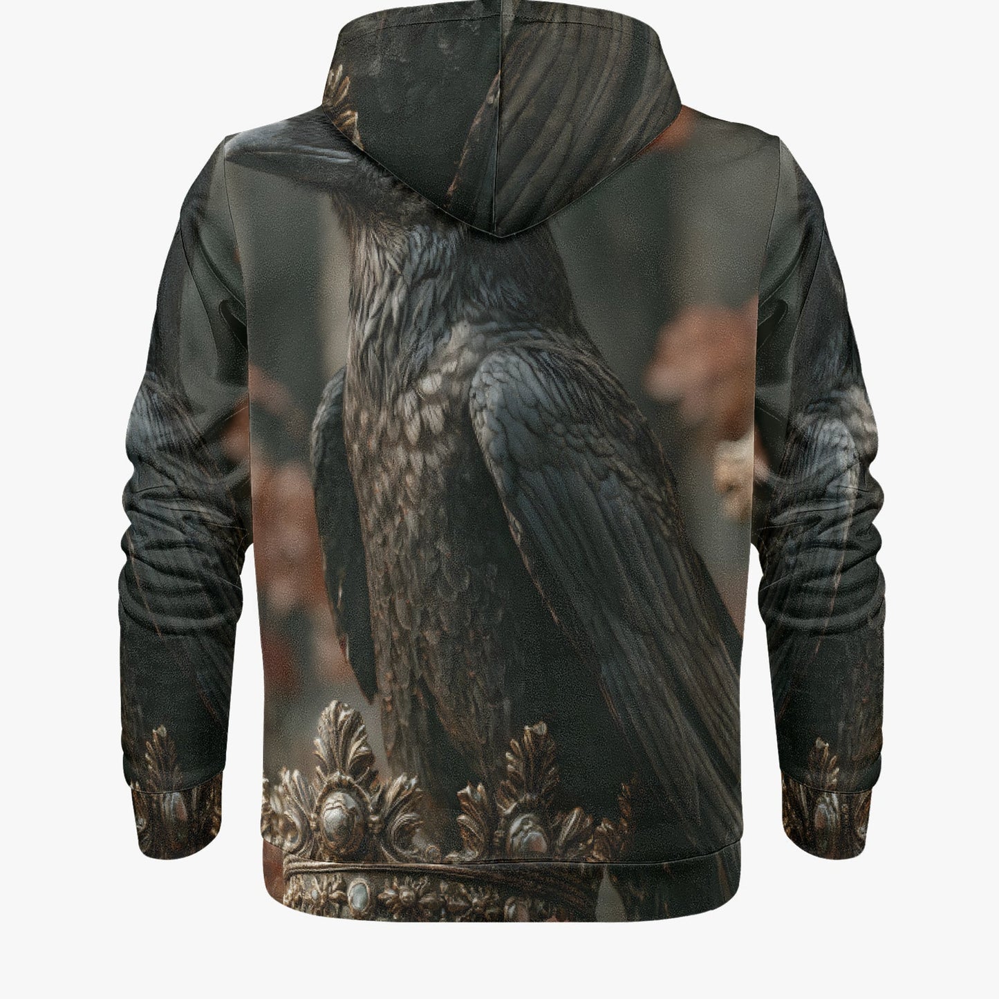 A hooded sweatshirt shown from the back, featuring an all-over printed graphic of a large black raven perched on an ornate metallic structure against a dark, moody background.