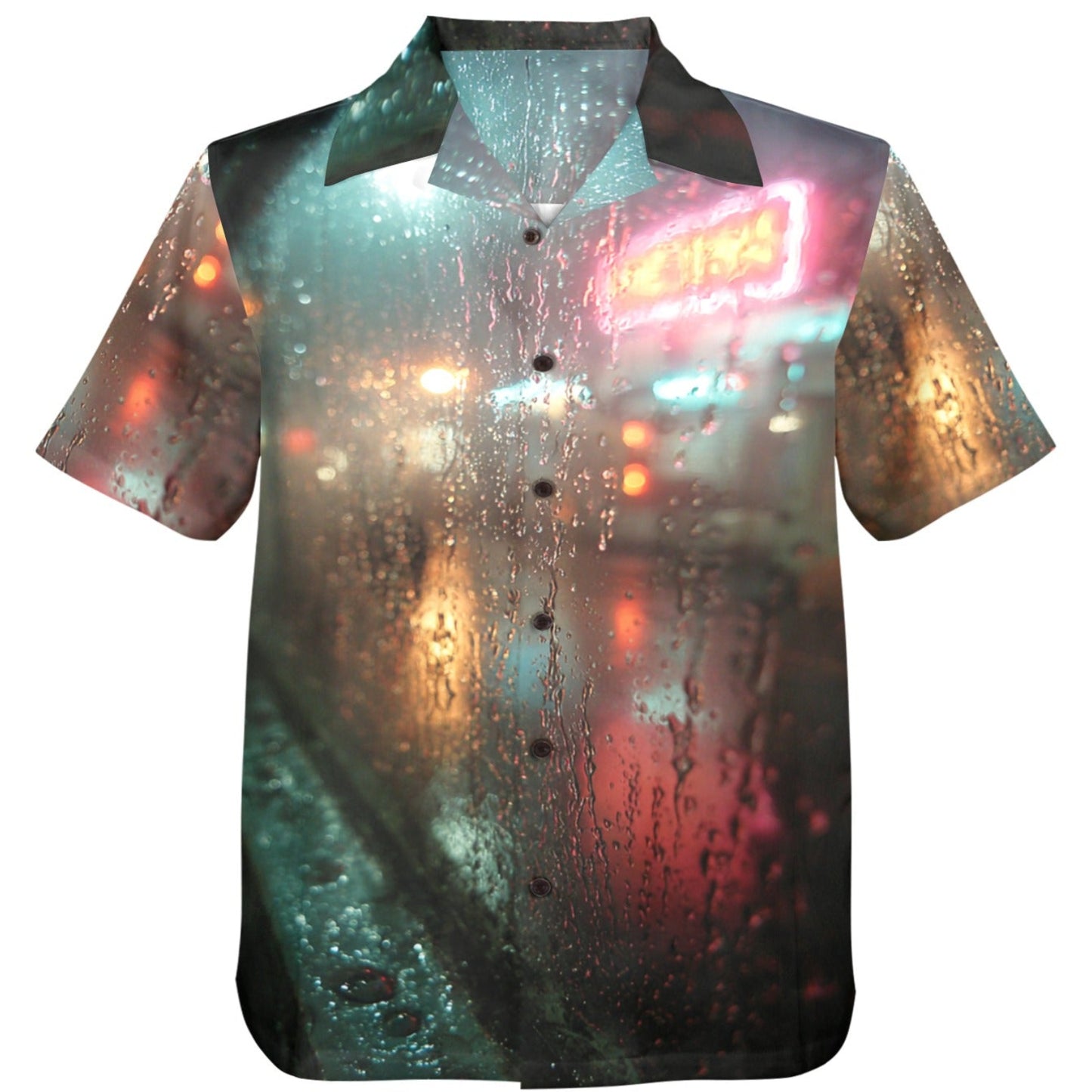 Short-sleeve shirt with a cityscape print on a white background