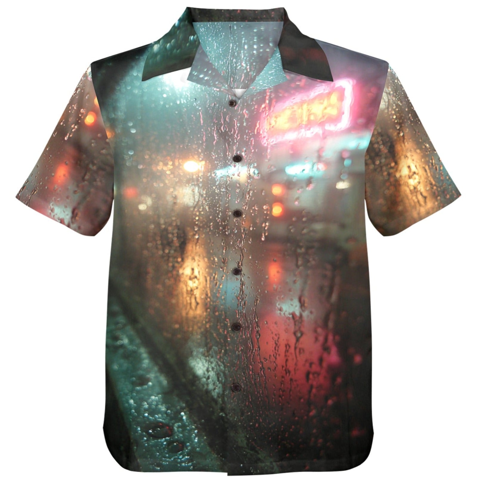Short-sleeve shirt with a cityscape print on a white background