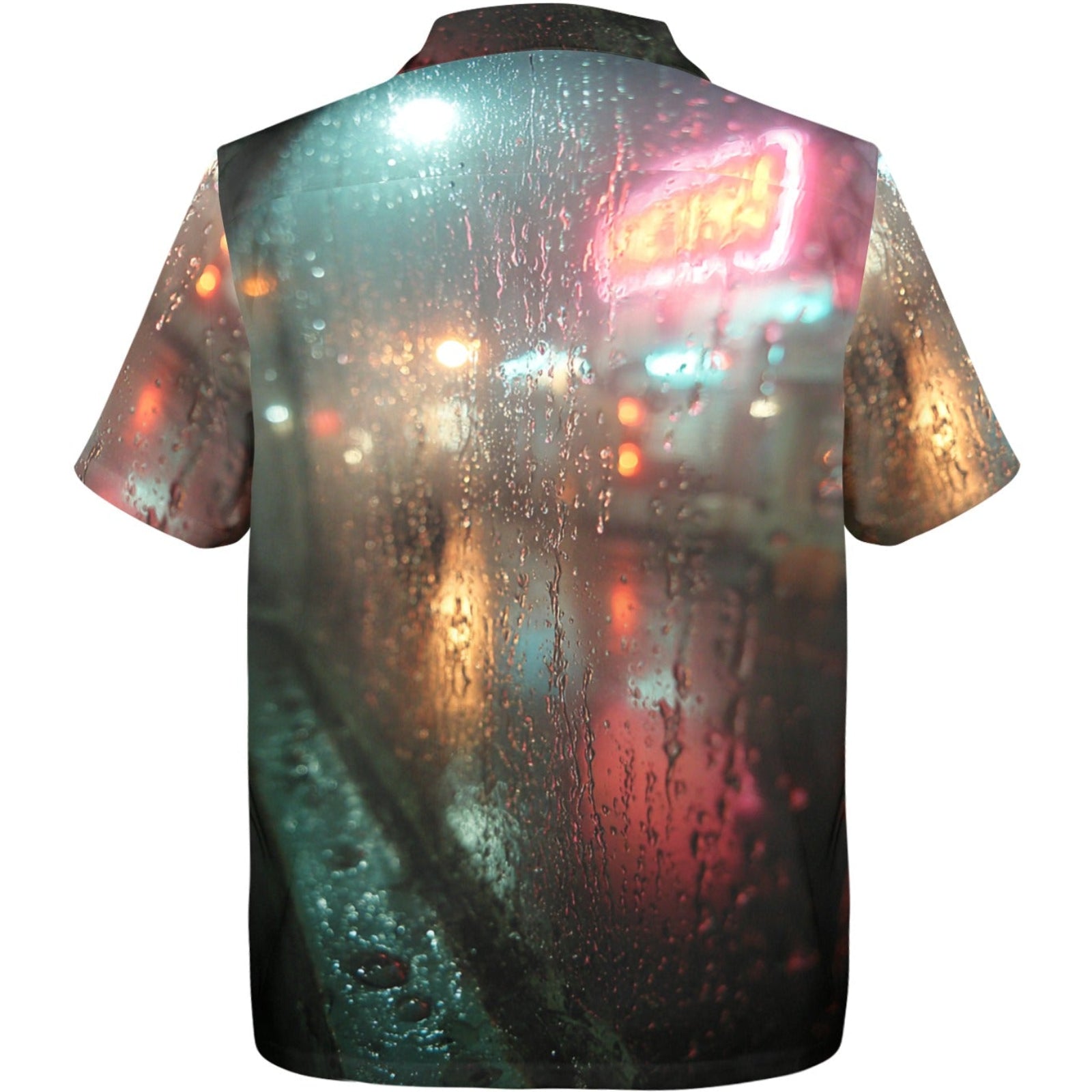 Shirt with a city street scene printed on it, featuring lights and raindrops.
