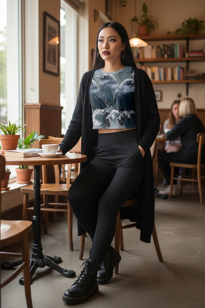 A woman sits at a wooden table in a cozy cafe setting, wearing a black long cardigan, black pants, and a graphic t-shirt featuring a blue and gray eagle print.