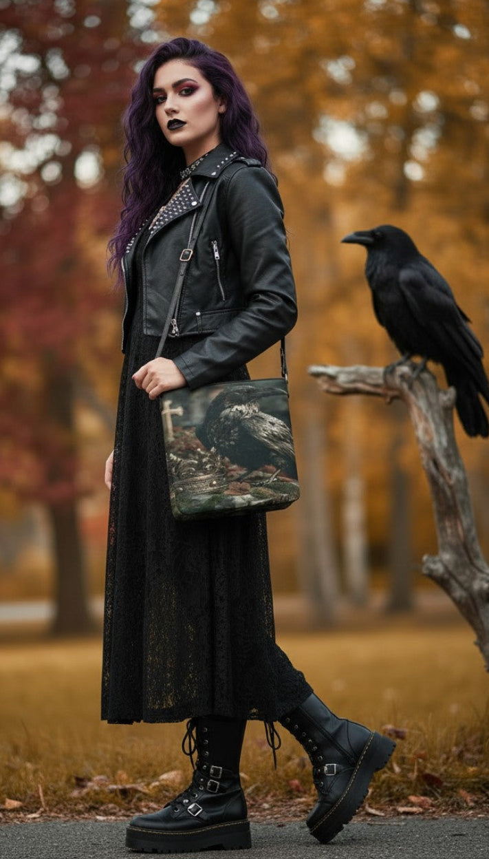 A gothic woman with purple hair stands in an autumn park wearing a black leather jacket, long black dress, and black platform boots, while carrying a camouflage shoulder bag. A black raven is perched on a tree branch to her right.