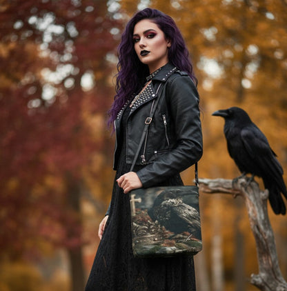 A woman with purple hair stands outdoors in an autumn park wearing a black leather moto jacket, black lace dress, and black combat boots, holding a camouflage patterned shoulder bag. A black raven is perched on a tree branch to her right.