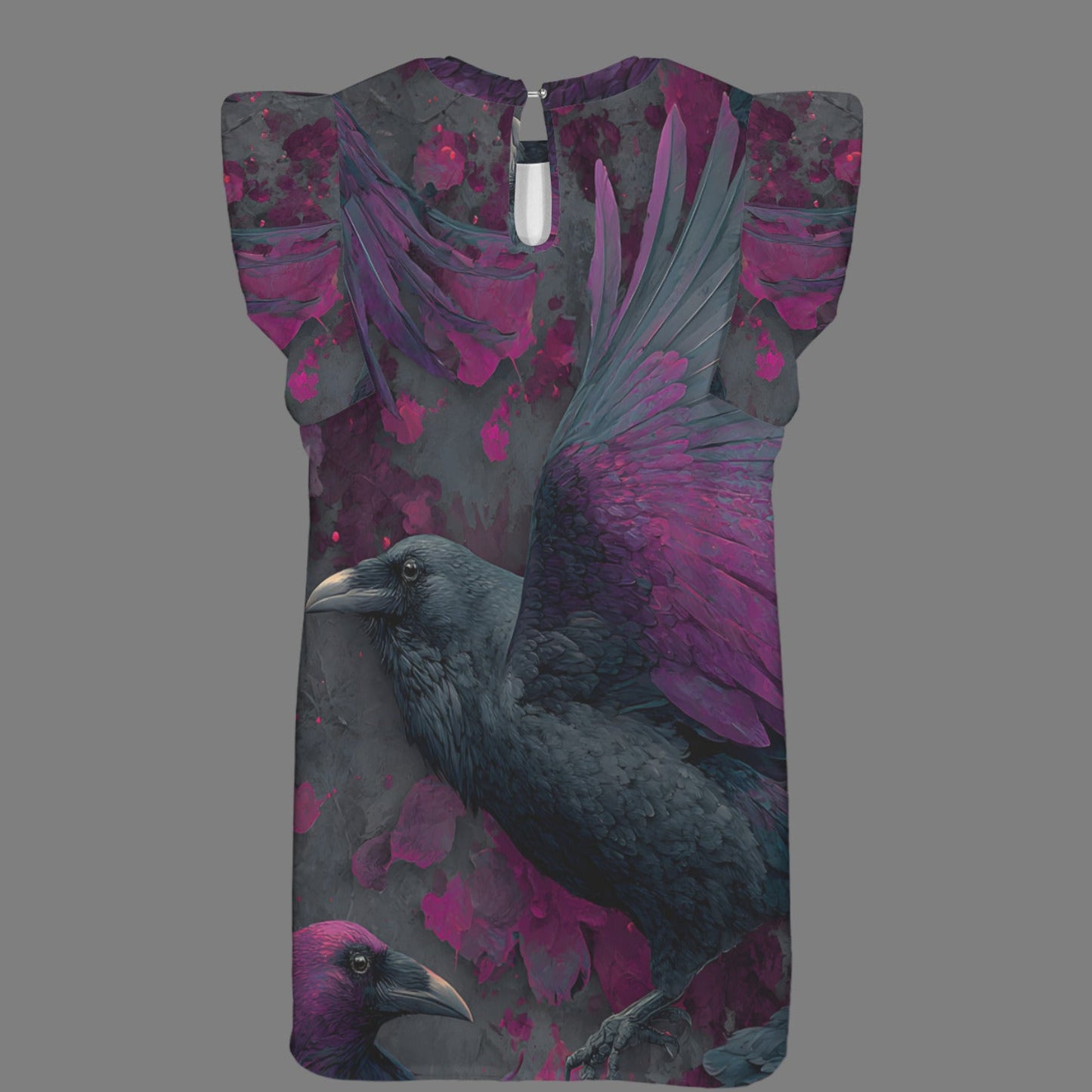 A sleeveless top or dress with a front zipper, featuring a graphic print of a raven with vibrant magenta wings against a dark gray background with floral details.