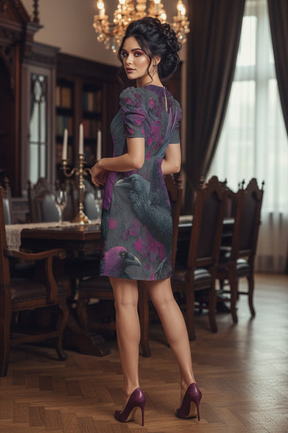 A woman stands in a dining room wearing a short-sleeved knee-length dress with a dark gray and purple floral print, paired with purple high heels.