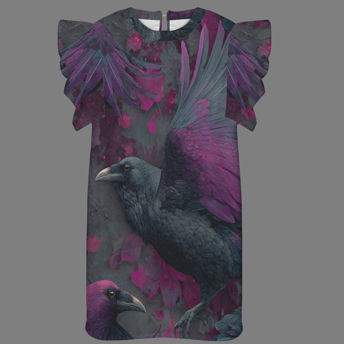 A short-sleeve t-shirt dress featuring a dark raven and magenta-purple wings against a gray background with splattered purple accents.