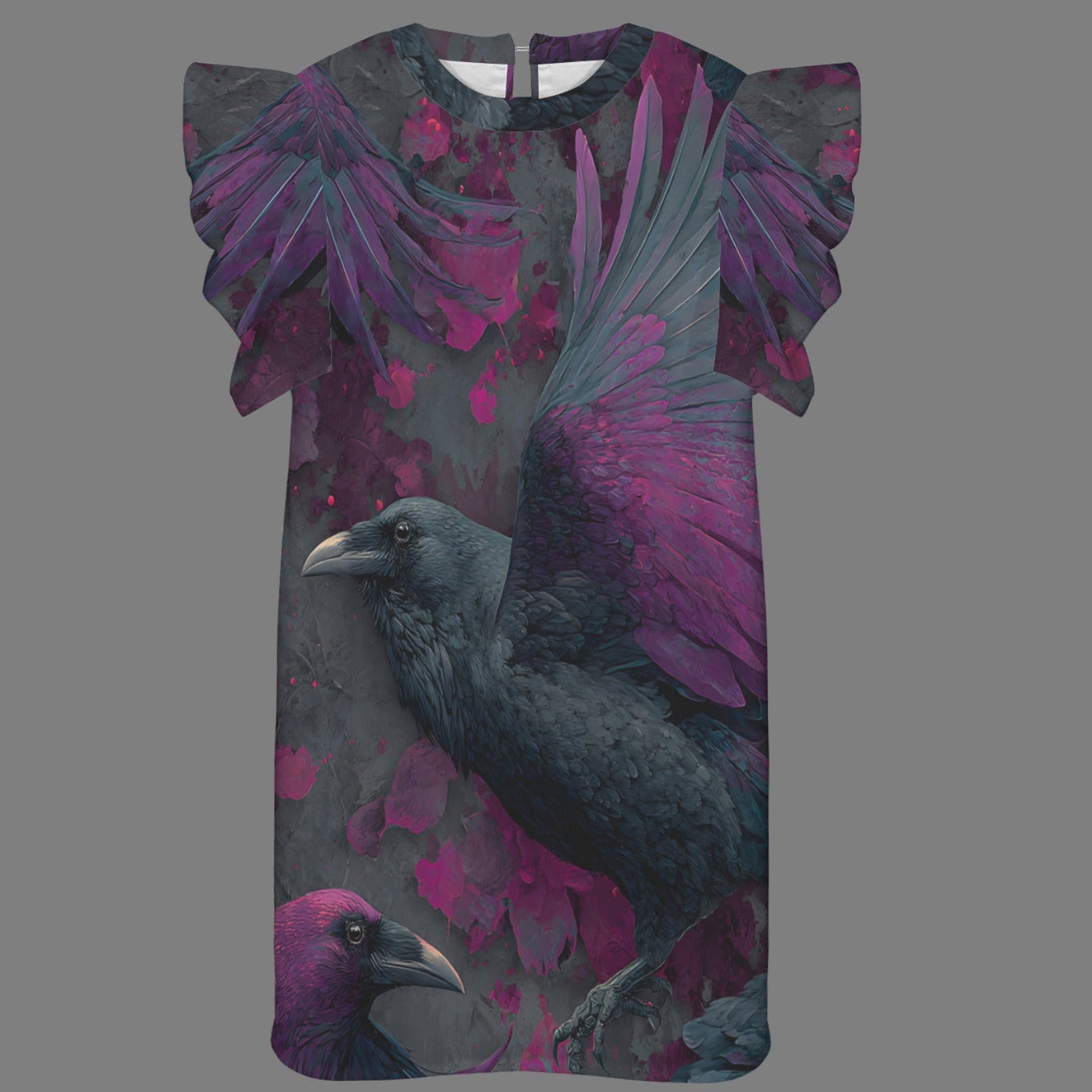 A short-sleeve t-shirt dress featuring a dark raven and magenta-purple wings against a gray background with splattered purple accents.