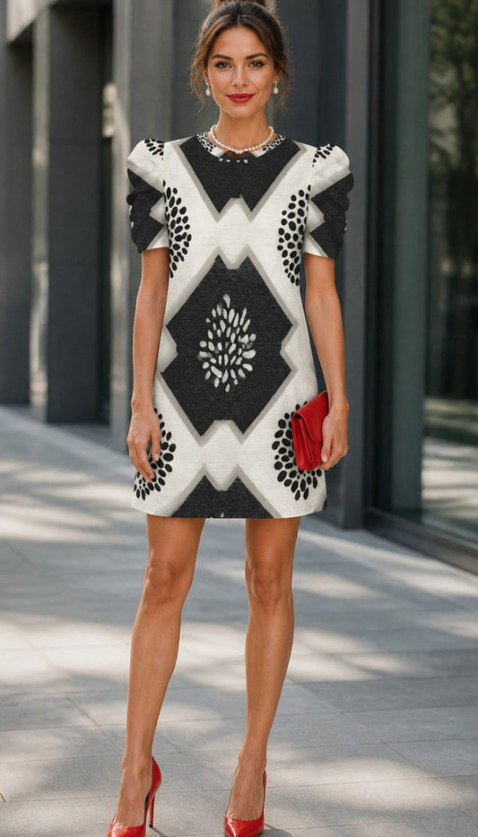 A woman stands outdoors wearing a short-sleeve geometric print dress with black and off-white diamond patterns, paired with red high heels and holding a small red clutch.