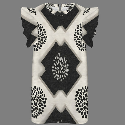 A short-sleeve knit top with a black and off-white geometric pattern, featuring ruffled sleeves and a central diamond motif, shown against a solid gray background.