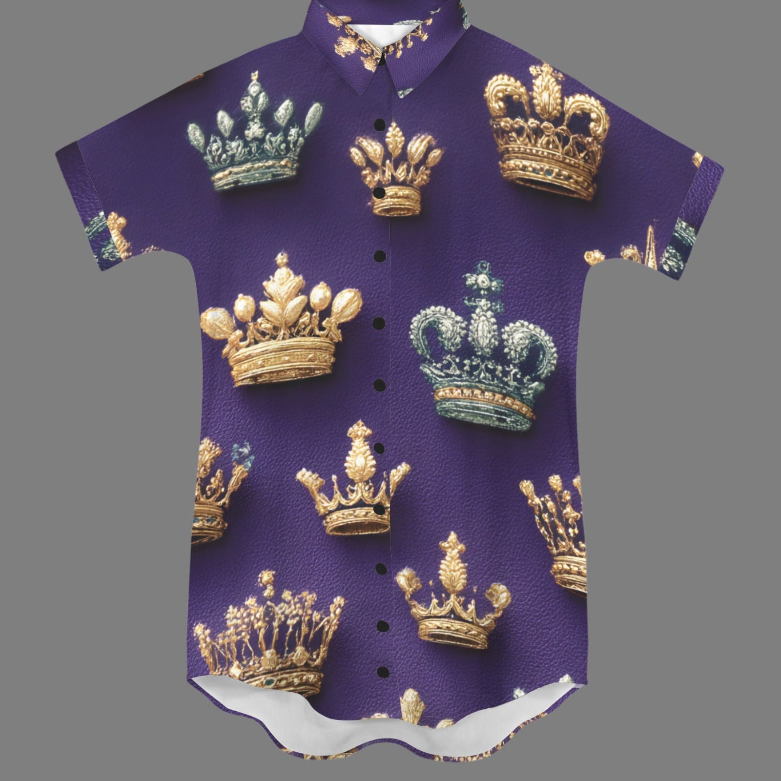 A short-sleeve button-up shirt in purple with an allover print of detailed gold and green crowns, shown against a solid gray background.