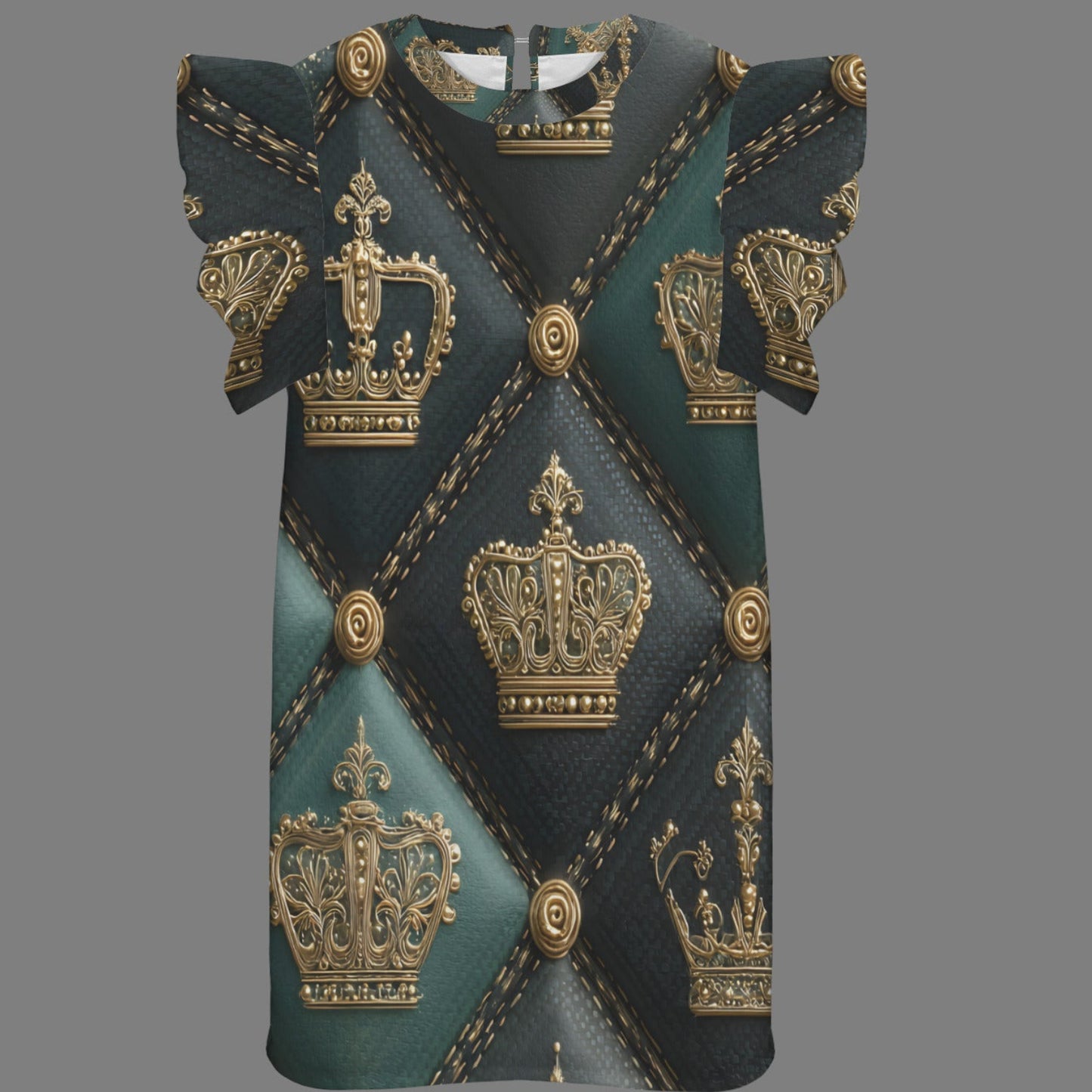 A short-sleeve t-shirt with a dark teal and black diamond pattern, featuring metallic gold crown motifs and faux-stitch details, shown against a solid gray background.
