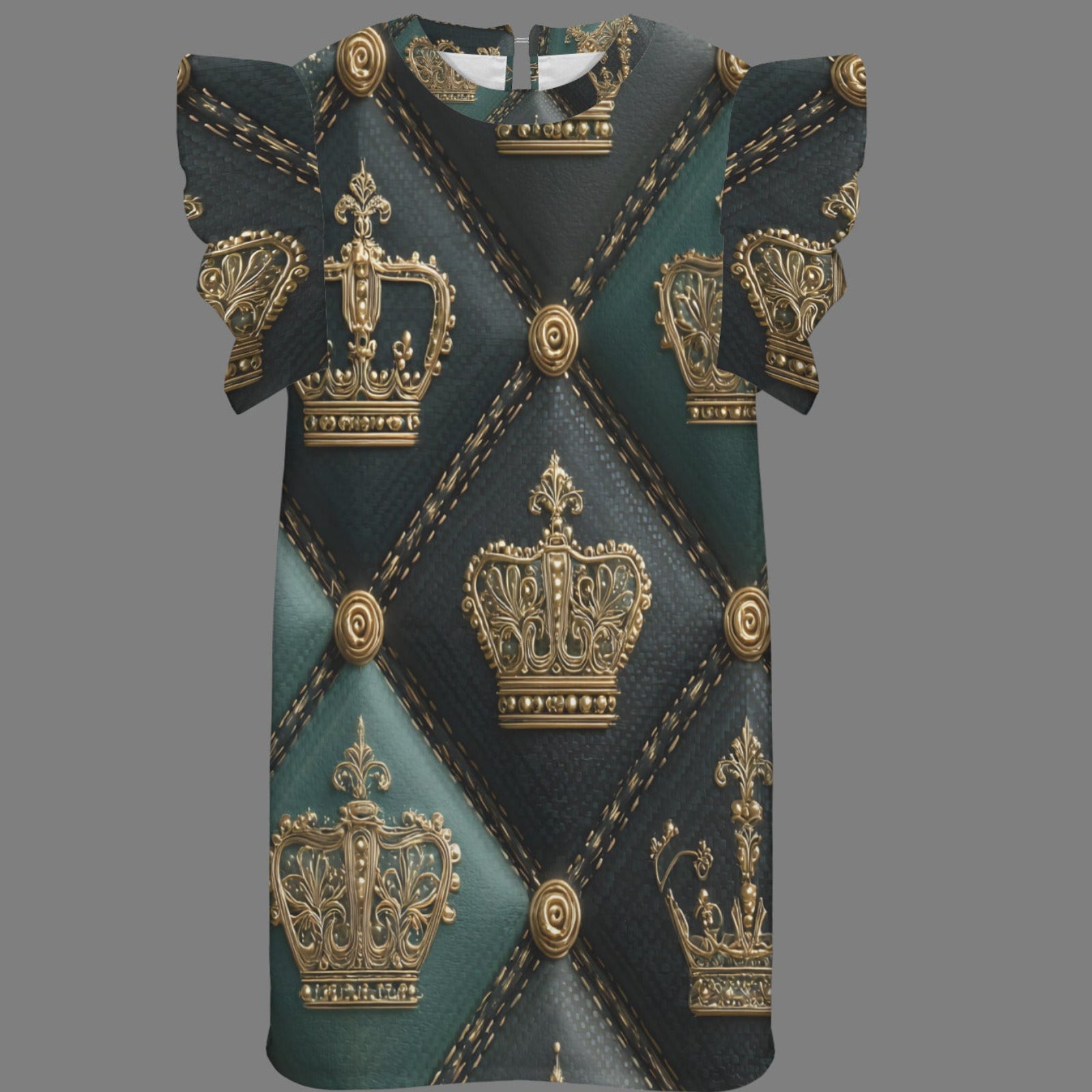 A short-sleeve t-shirt with a dark teal and black diamond pattern, featuring metallic gold crown motifs and faux-stitch details, shown against a solid gray background.