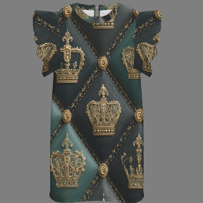 A short-sleeve t-shirt with a dark teal and black diamond pattern, featuring metallic gold crown motifs and faux-stitch details, shown against a solid gray background.