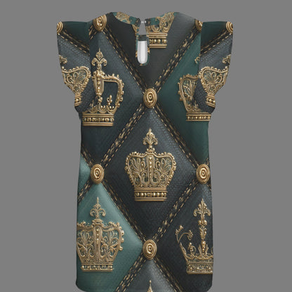 A sleeveless top with a diamond quilted pattern in dark teal and black, decorated with gold crowns and metallic gold button details, shown on a solid gray background.