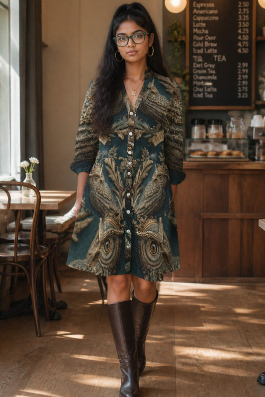 A woman wearing a long-sleeve button-front dress with an intricate teal, gold, and brown paisley pattern walks through a cafe. She is wearing dark brown knee-high boots and glasses, with a coffee menu board visible in the background.