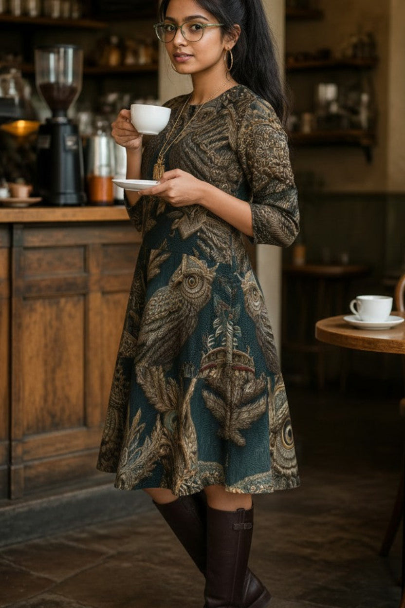 A woman wearing a knee-length patterned dress and dark brown knee-high boots stands in a cozy, rustic cafe holding a white coffee cup and saucer.