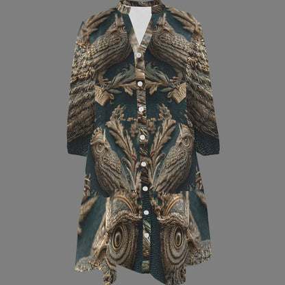 A button-front cardigan or tunic with a detailed owl print, featuring dark teal, brown, and beige tones, displayed on a white mannequin torso against a solid gray background.