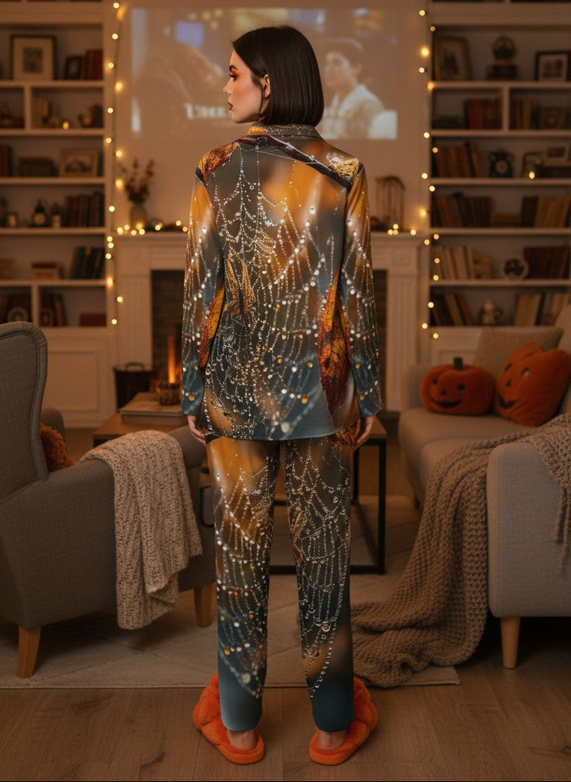 A person stands with their back to the camera in a cozy, warmly lit living room, wearing a matching two-piece pajama set with a spiderweb pattern in blue, orange, and gold tones. The room features bookshelves, a fireplace with string lights, and a projection screen in the background.