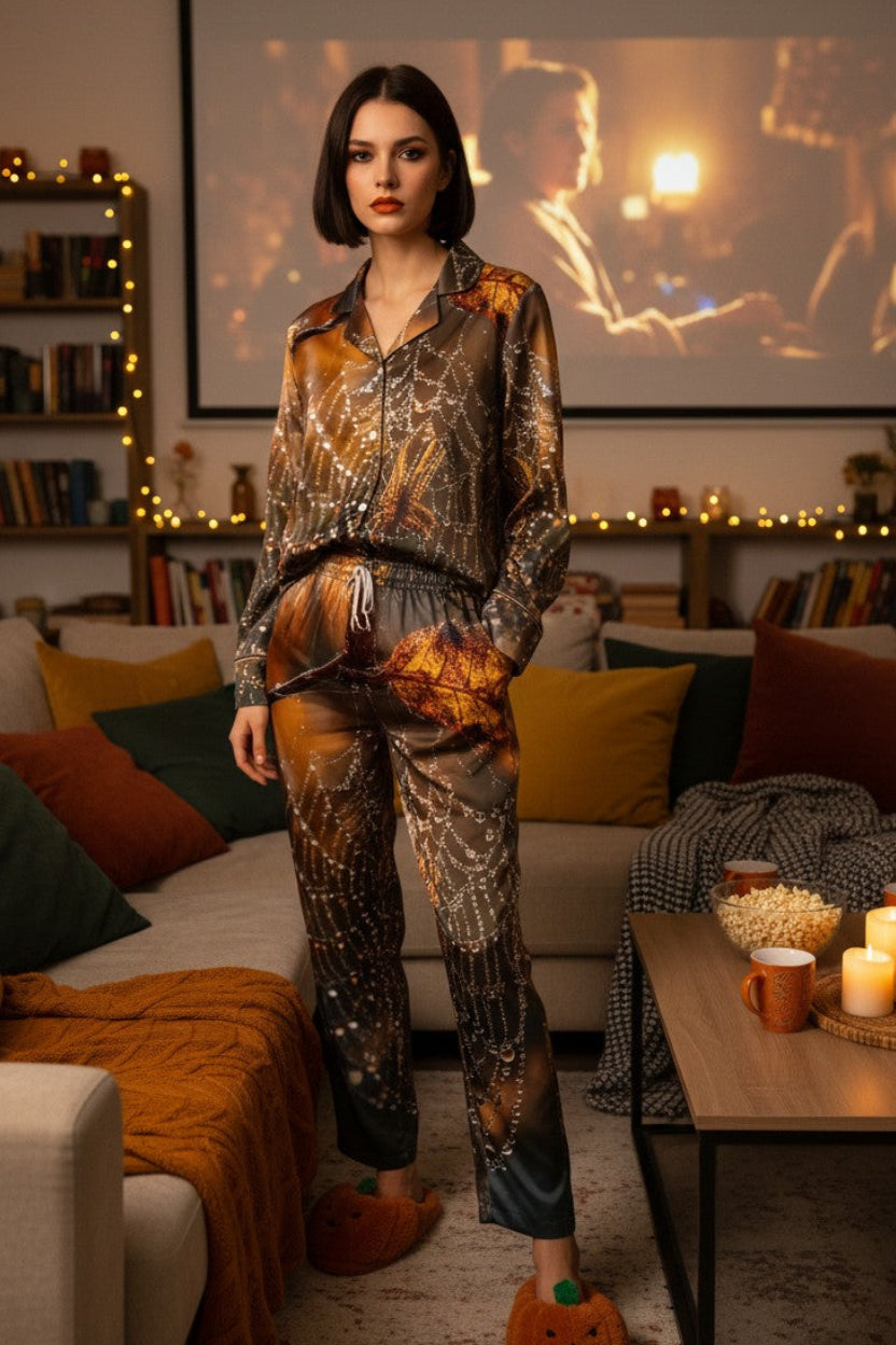 A woman stands in a cozy living room wearing a matching long-sleeve pajama set with an abstract metallic gold, bronze, and black pattern. The room is warmly lit with a movie screen in the background, bookshelves, and a coffee table with candles.