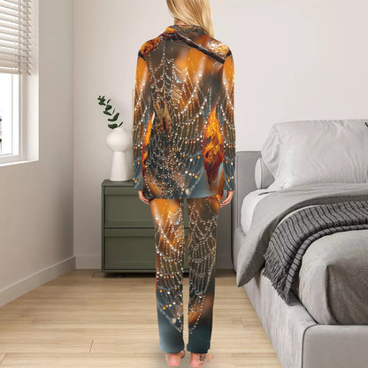 A woman stands with her back to the camera wearing a matching two-piece pajama set with a detailed spiderweb and glowing light pattern in orange, gold, and dark gray. The setting is a modern bedroom with a bed, nightstand, and window.