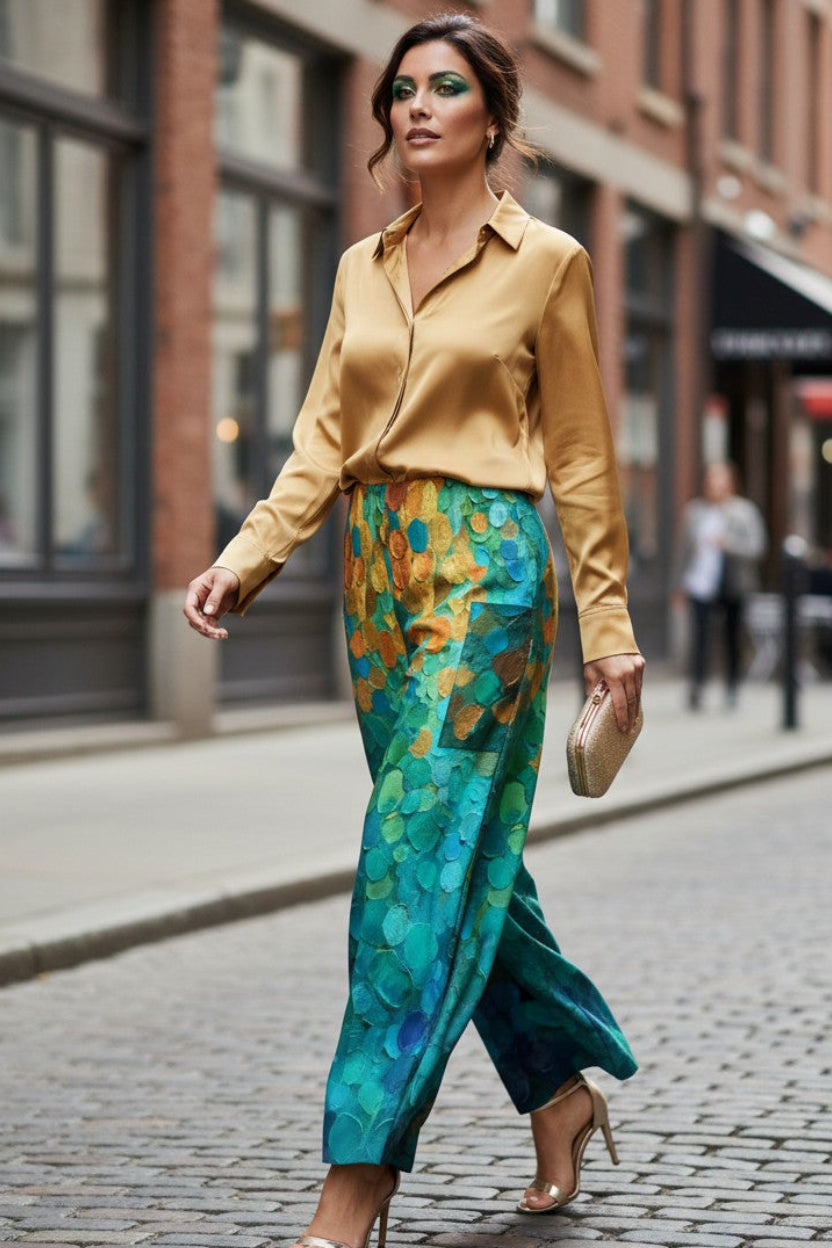 Woman in a yellow blouse and colorful pants walking on a city street.