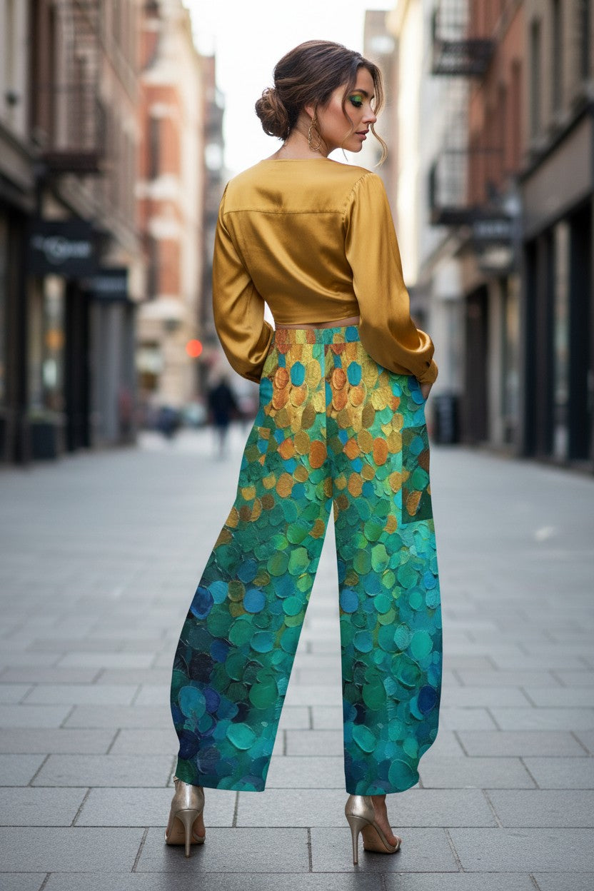Woman wearing a mustard yellow top and colorful patterned pants on a city street.