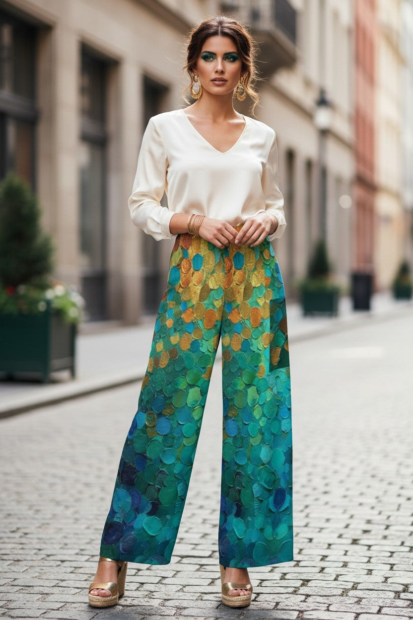 Woman wearing a white blouse and colorful patterned pants on a city street.