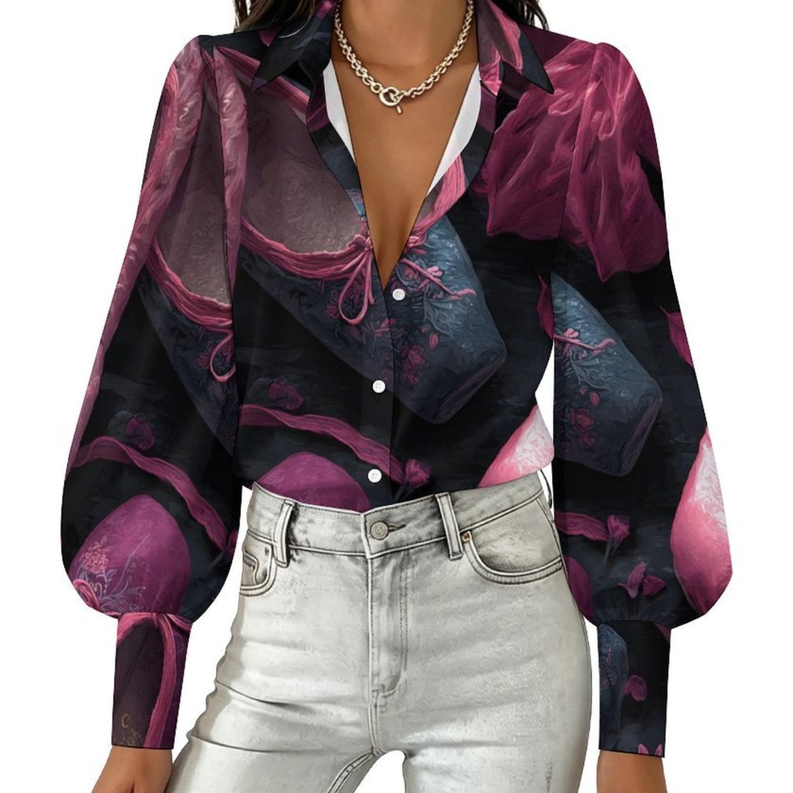 Custom Women Lapel Puff Sleeve Button Casual Blouse Shirt