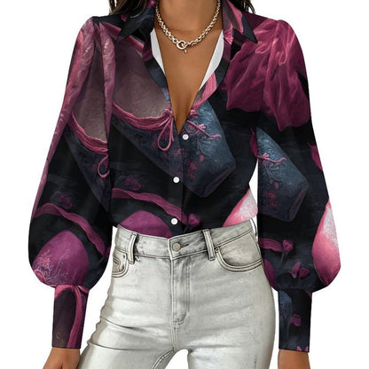 Custom Women Lapel Puff Sleeve Button Casual Blouse Shirt