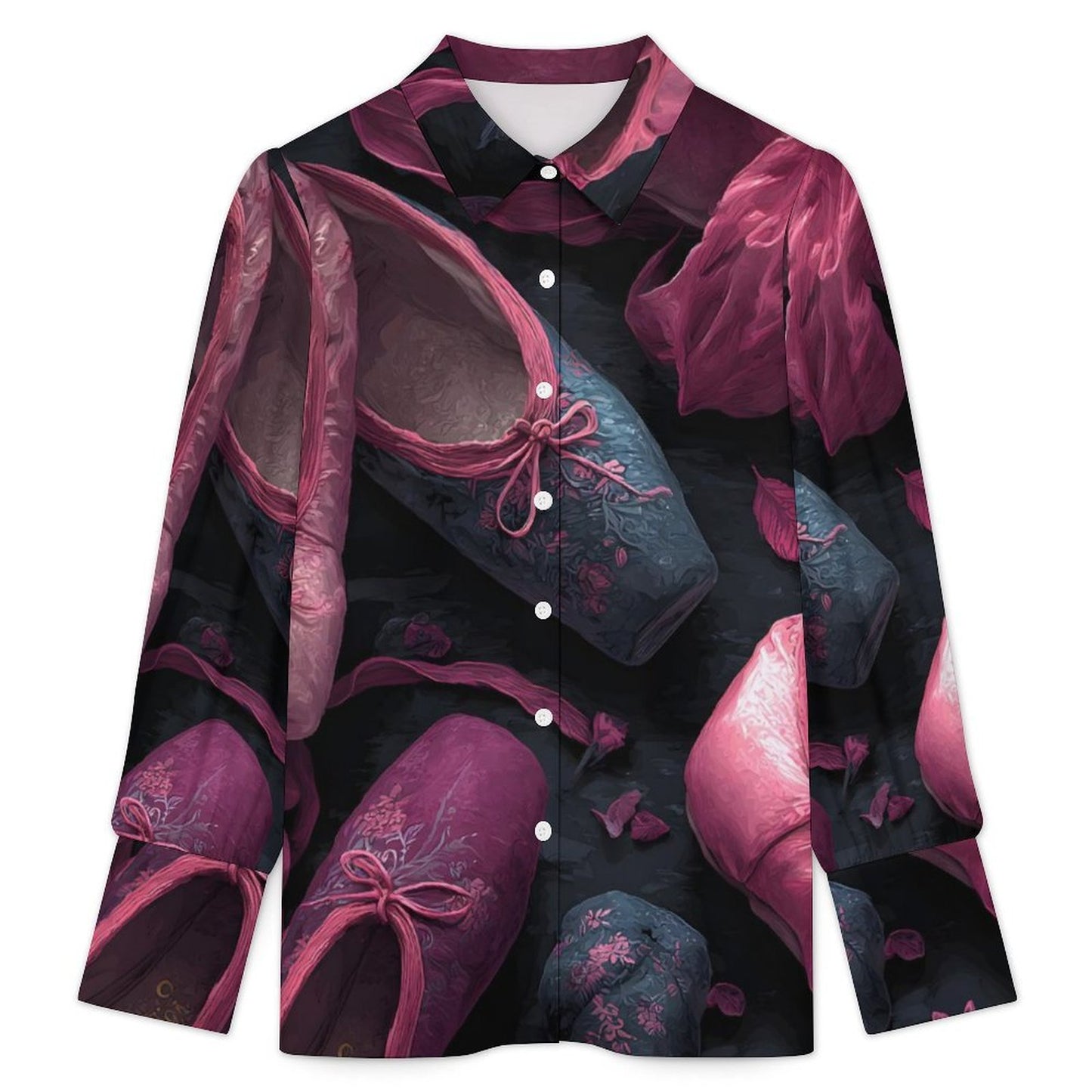 A long-sleeve button-up shirt with an all-over print of vintage ballet flats and rose petals on a dark background, shown against a plain white background.