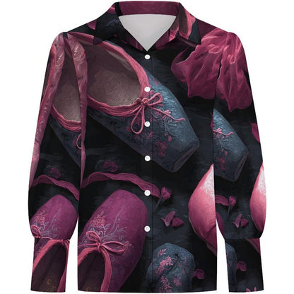 A long-sleeve button-up shirt with an all-over print of vintage ballet slippers in shades of magenta, dark blue, and black, shown against a plain white background.