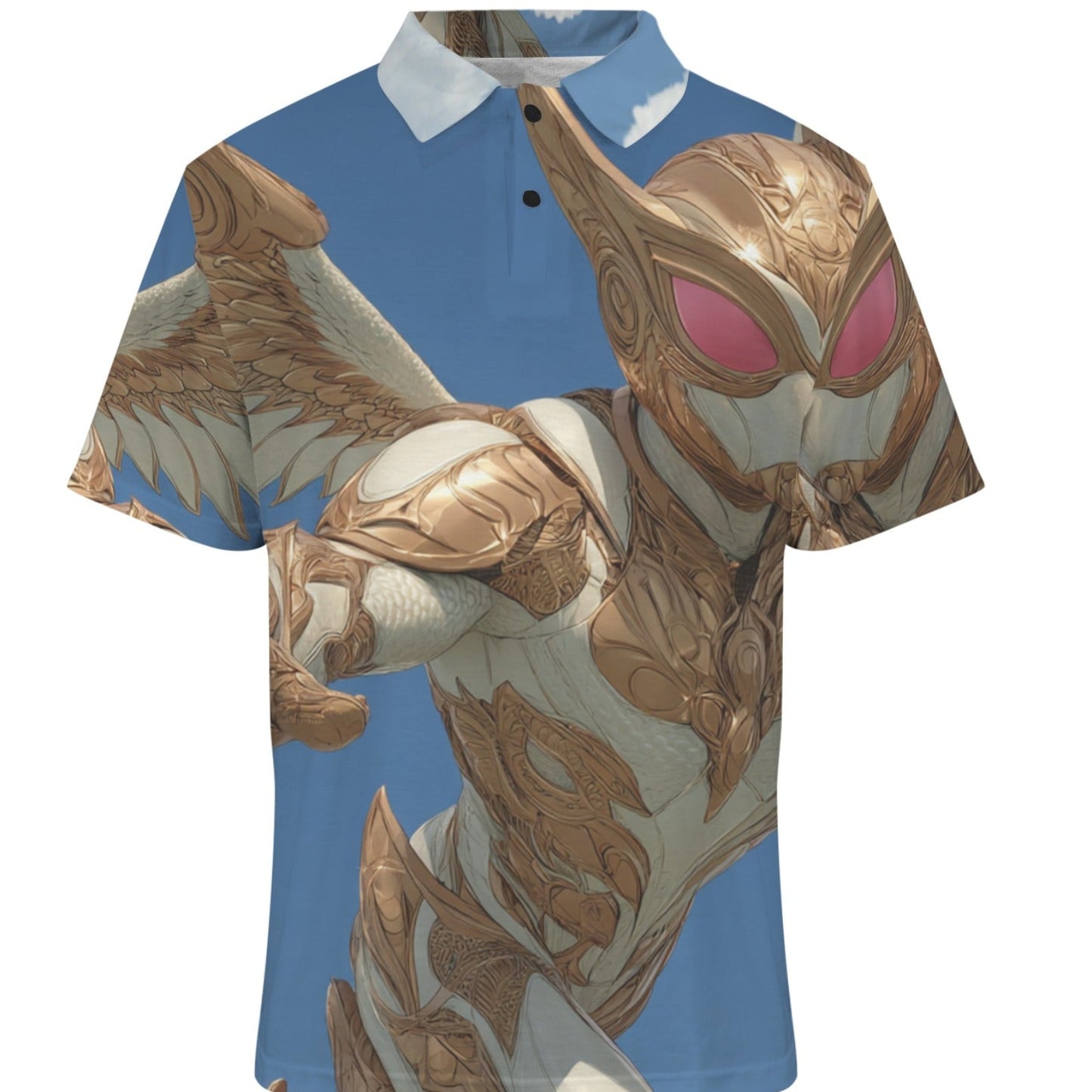 Polo shirt with a fantasy creature design on a blue background