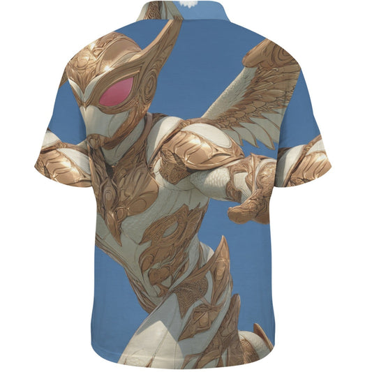 Short-sleeve shirt with a superhero design on a blue background