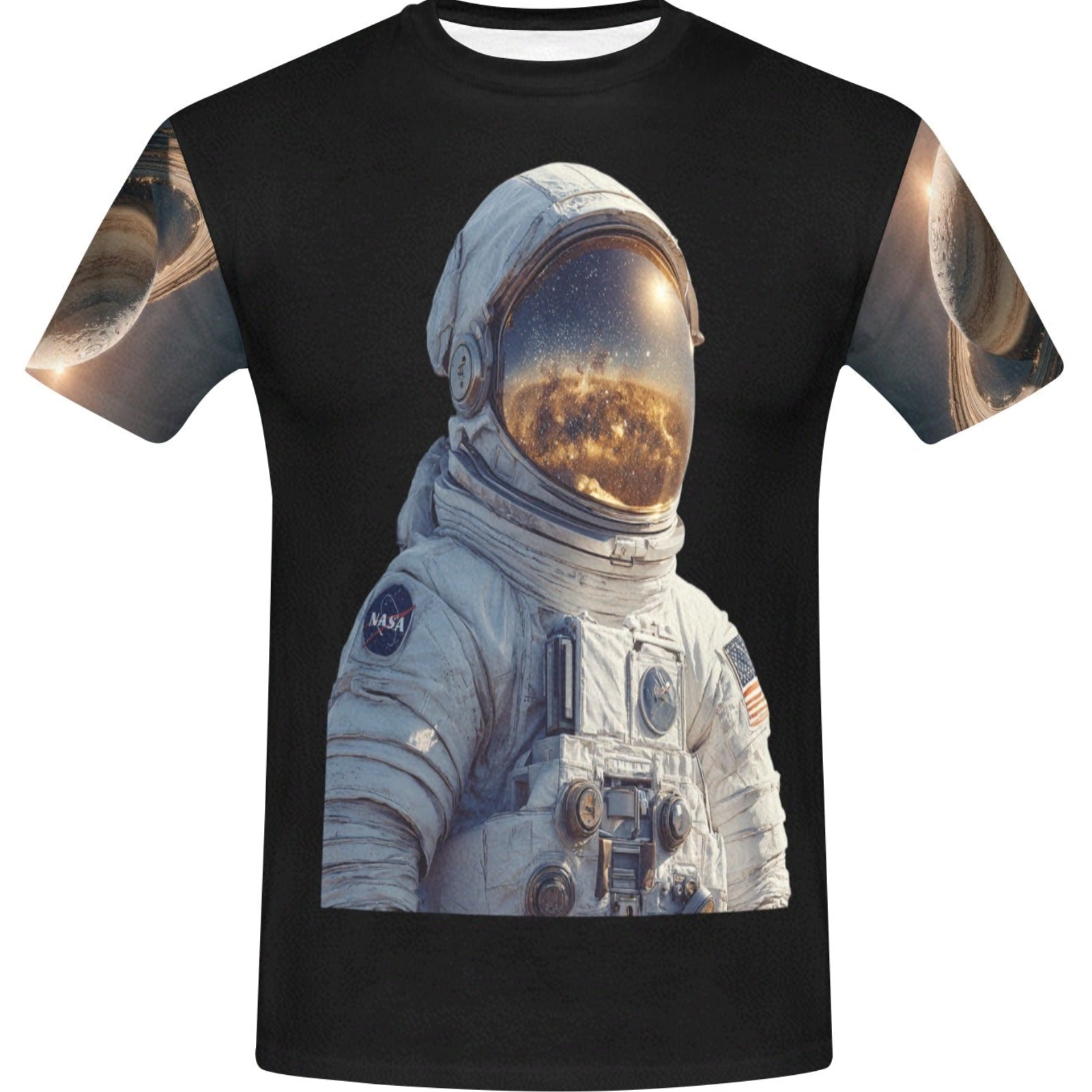Black t-shirt with an astronaut graphic on a white background