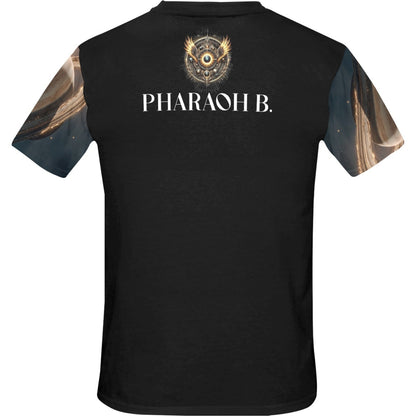 Black t-shirt with 'PHARAOH B.' text and logo on a white background