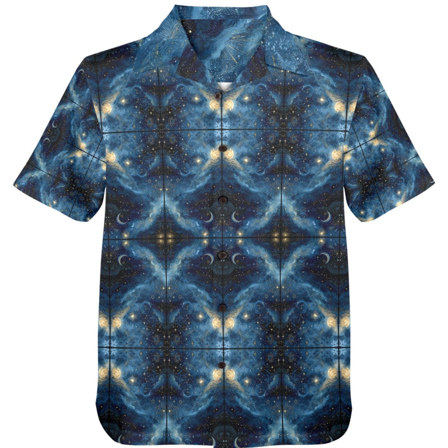 Short-sleeve shirt with a blue and black abstract pattern on a white background