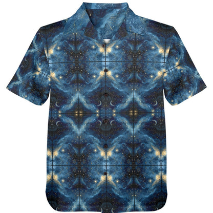 Short-sleeve shirt with a blue and black abstract pattern on a white background