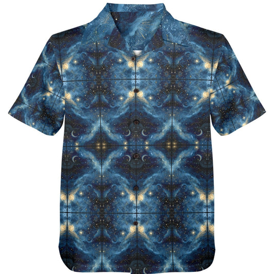 Short-sleeve shirt with a blue and black abstract pattern on a white background